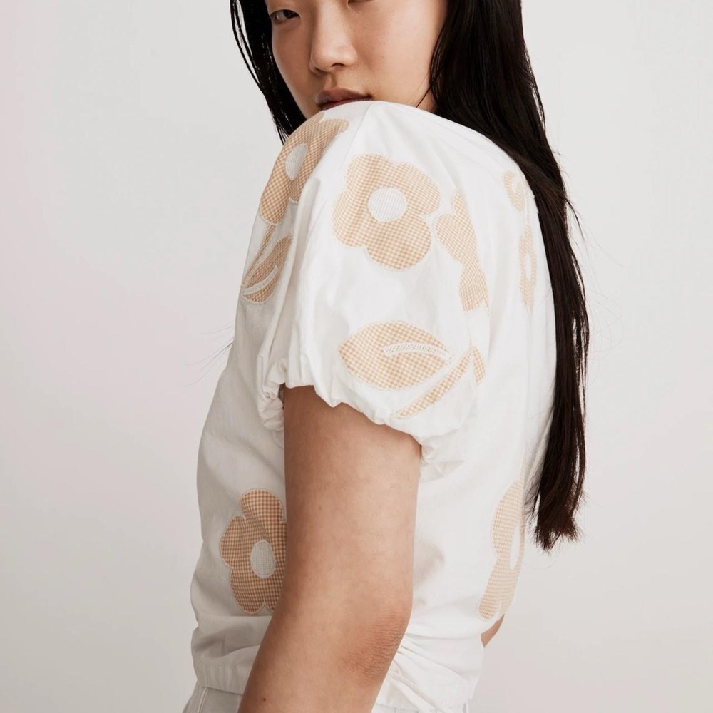NWT Madewell Poplin Gingham Embroidered Flower Puff Sleeve Cut Out Top in White - Picture 8 of 8